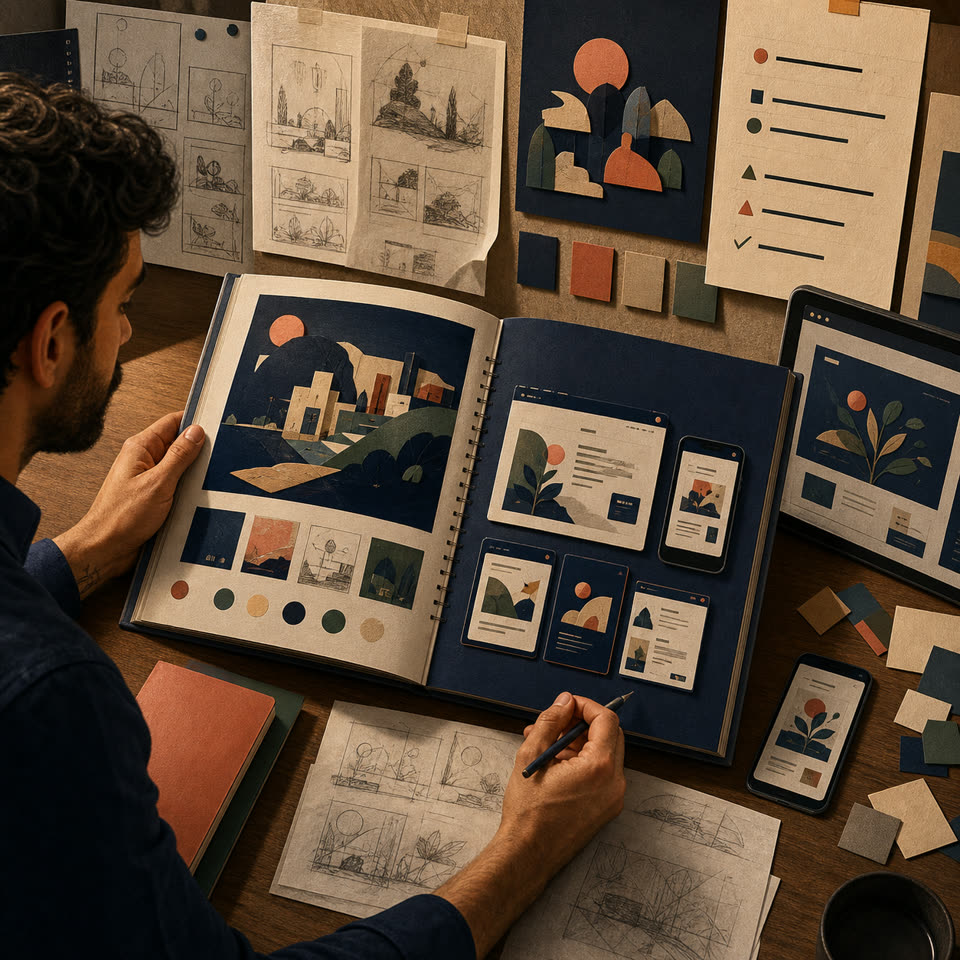 Designer revisa um case de portfólio com processo e aplicações digitais