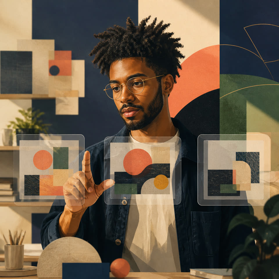 Retrato editorial ilustrativo da função de experimentação com IA